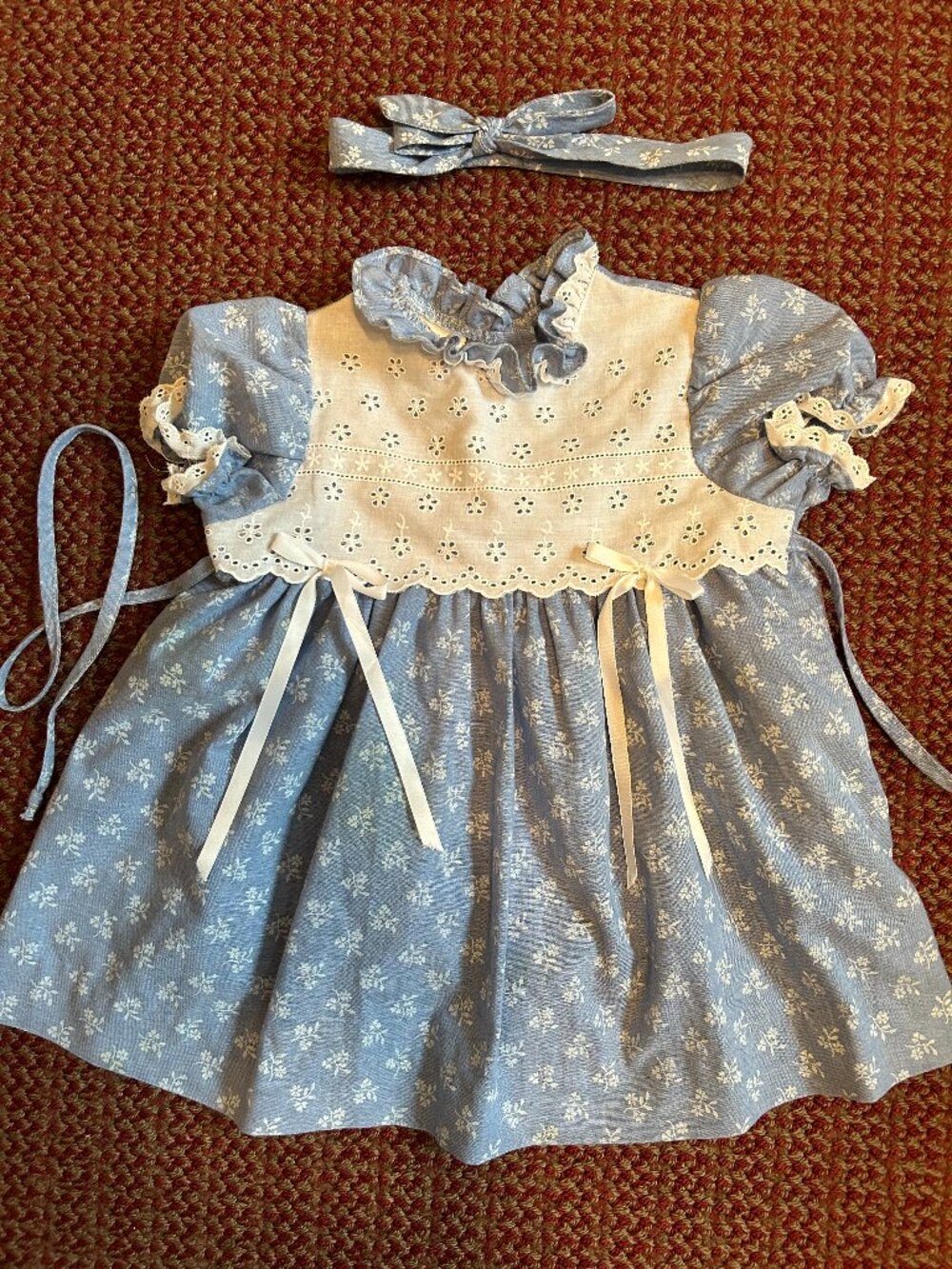 Toddler Girl Blue and White Dress with Matching Headband and Bow